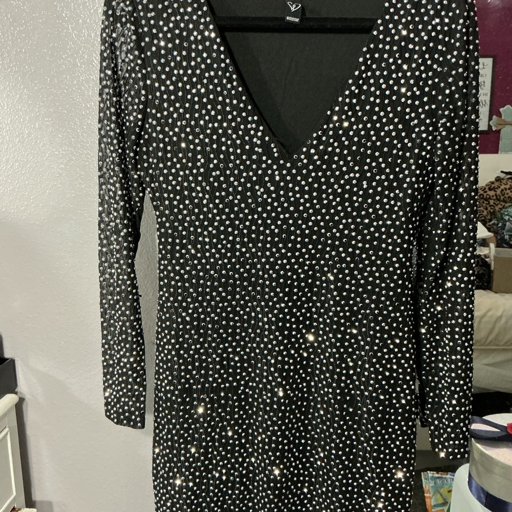 Windsor Elegant Black and Silver Polka Dot Dress